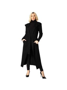 Max Sport NWT Wing Collar Knit Belted Long Cardigan In Jet Black Sz L